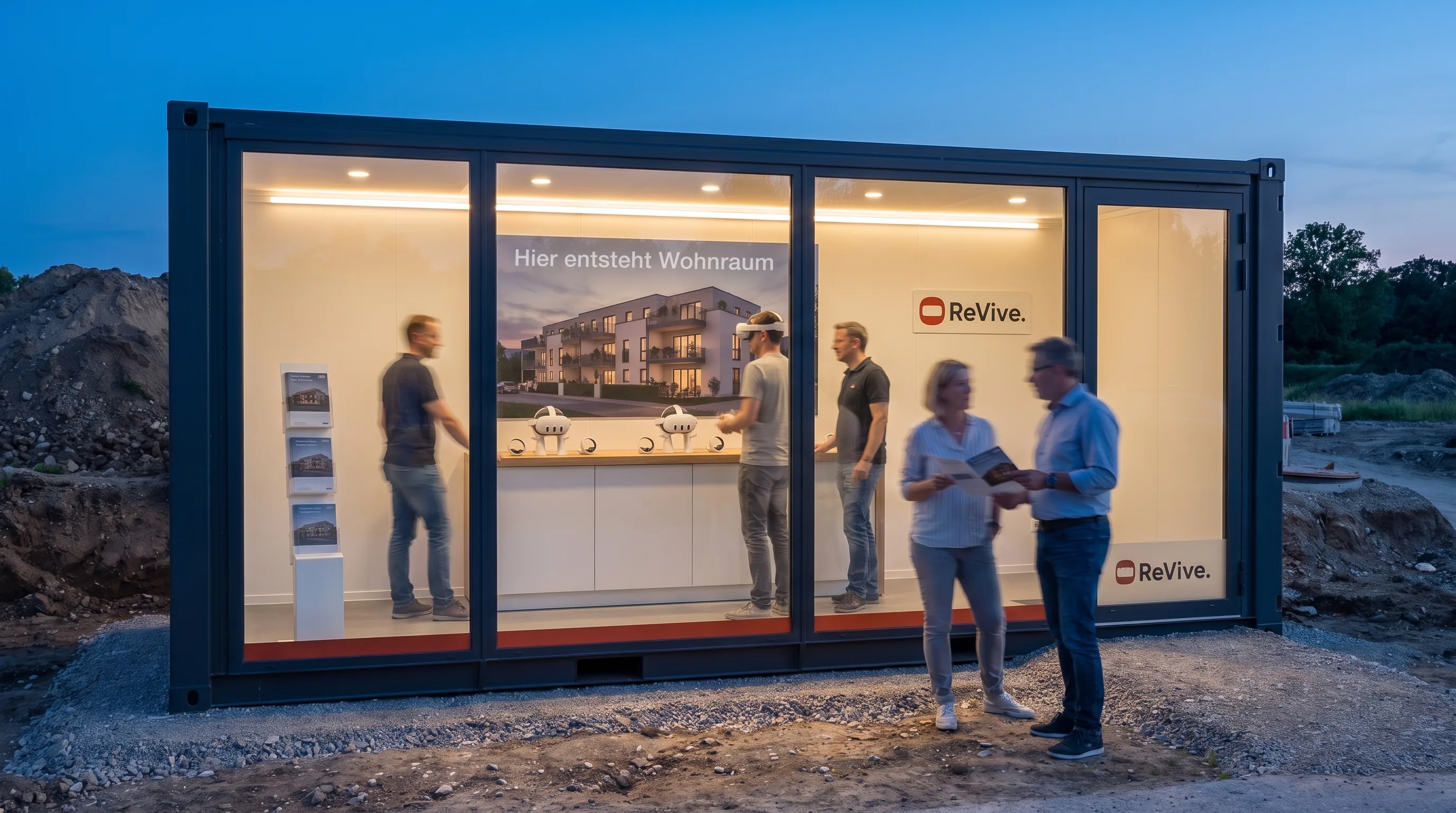Verkaufscontainer mit Glasfront auf einer Baustelle in der Abenddämmerung, innen warm beleuchtet: drei Besucher an einem Tresen mit VR-Brillen, davor zwei Besucher mit einer Broschüre im Gespräch