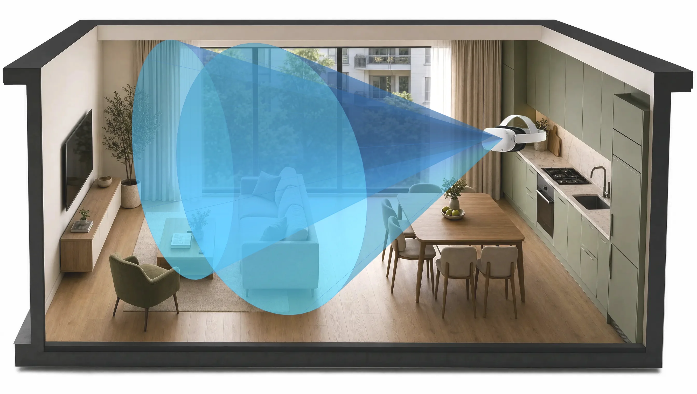Aufgeschnittene Wohnung mit offener Küche, eine VR-Brille auf Augenhöhe an der Küchenzeile, von ihr aus zwei sich überlagernde blaue Sichtkegel bis zur Wohnzimmerwand