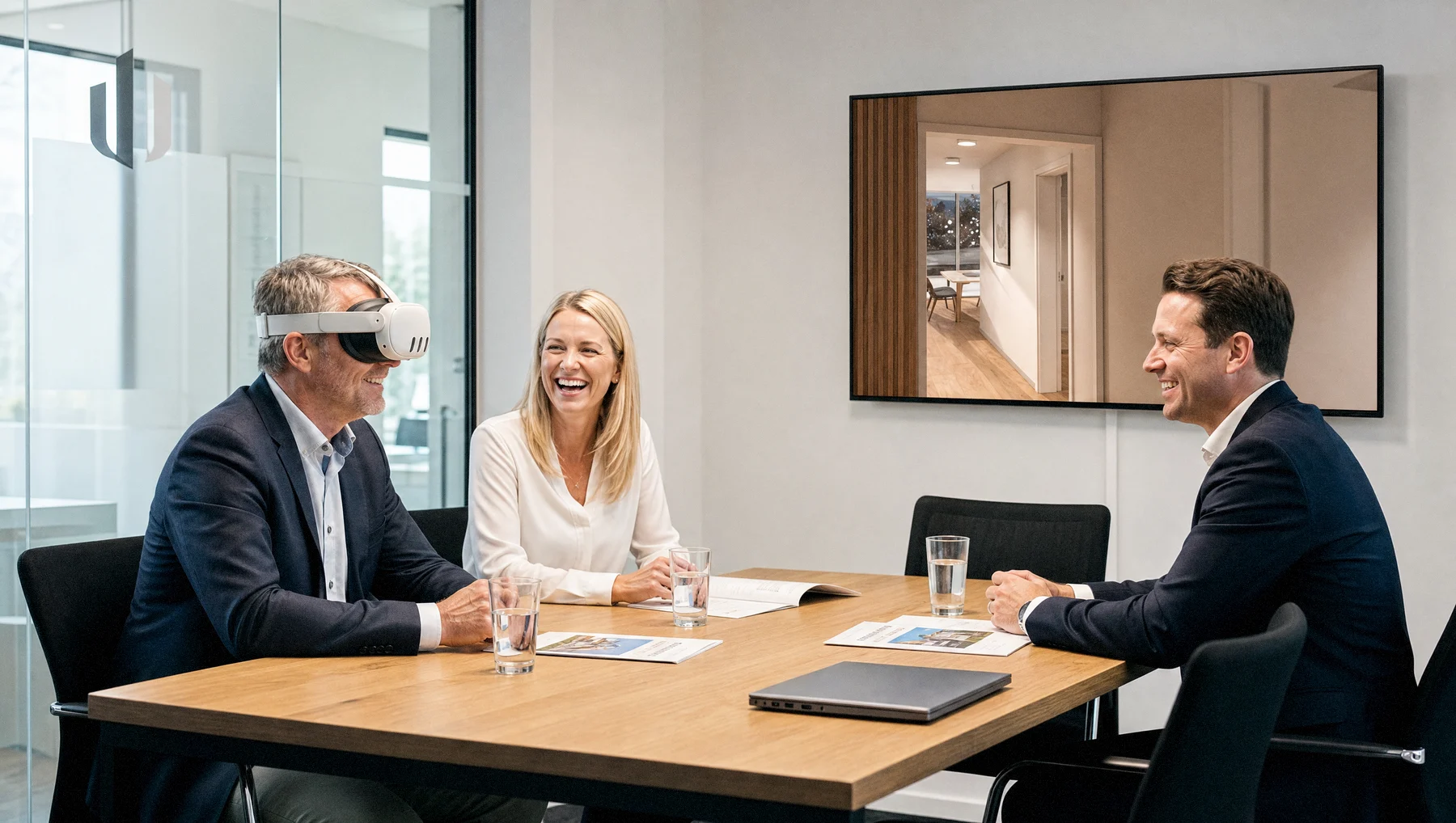 Vorführtermin am Besprechungstisch: ein Interessent trägt die VR-Brille, auf dem Wandbildschirm läuft seine Sicht mit